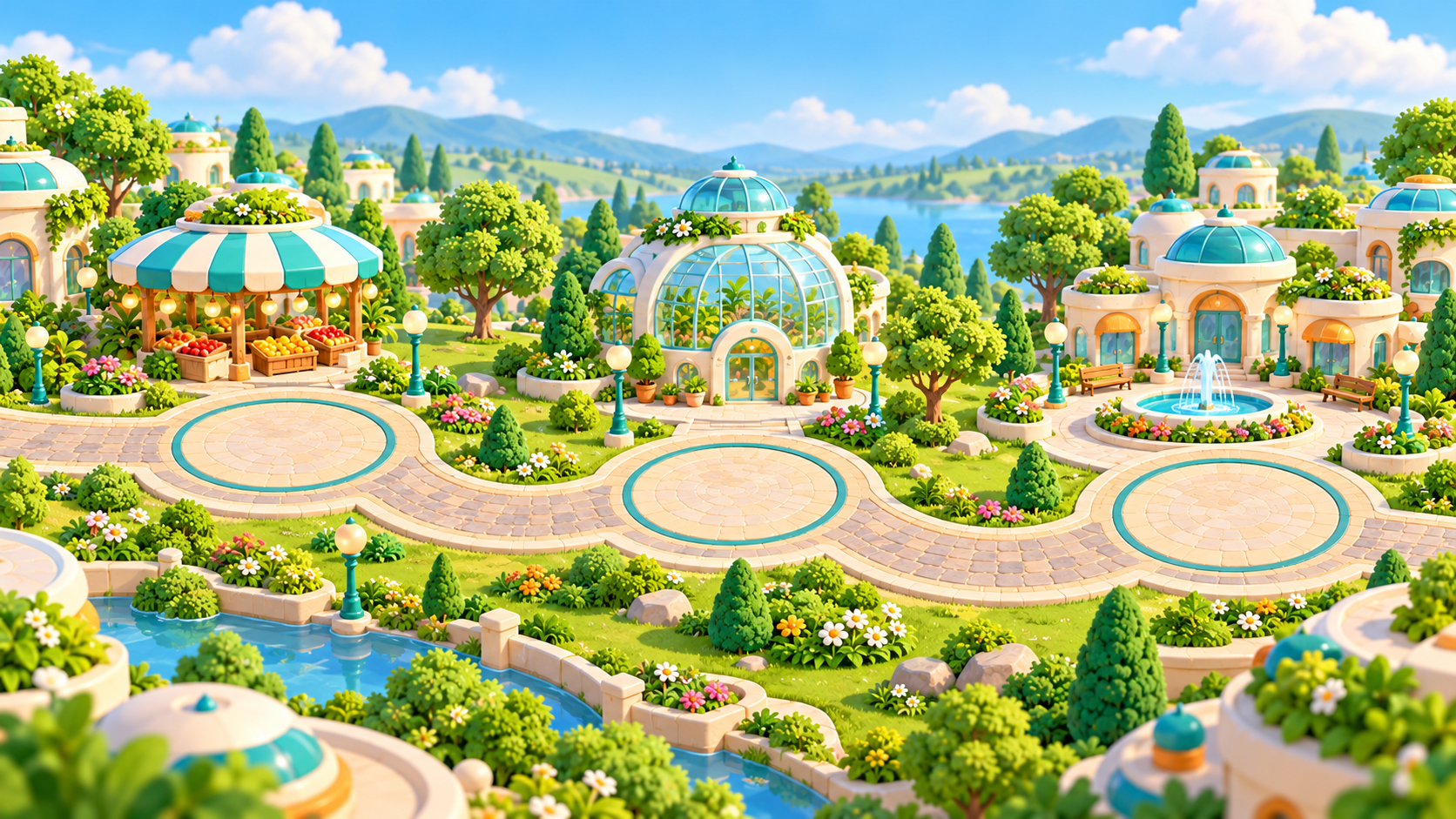 A road linking three round plazas in Snack Discovery Town